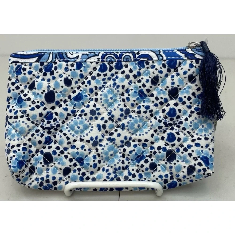 NWT Modella Quilted Blue Abstract Mosaic Makeup‎ Cosmetic Bag Purse Kit Tassel